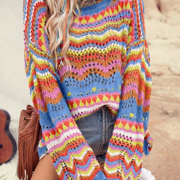 Sweaters - Multicolor Casual Women's Color Block Hollow Out Knit Loose Pullover